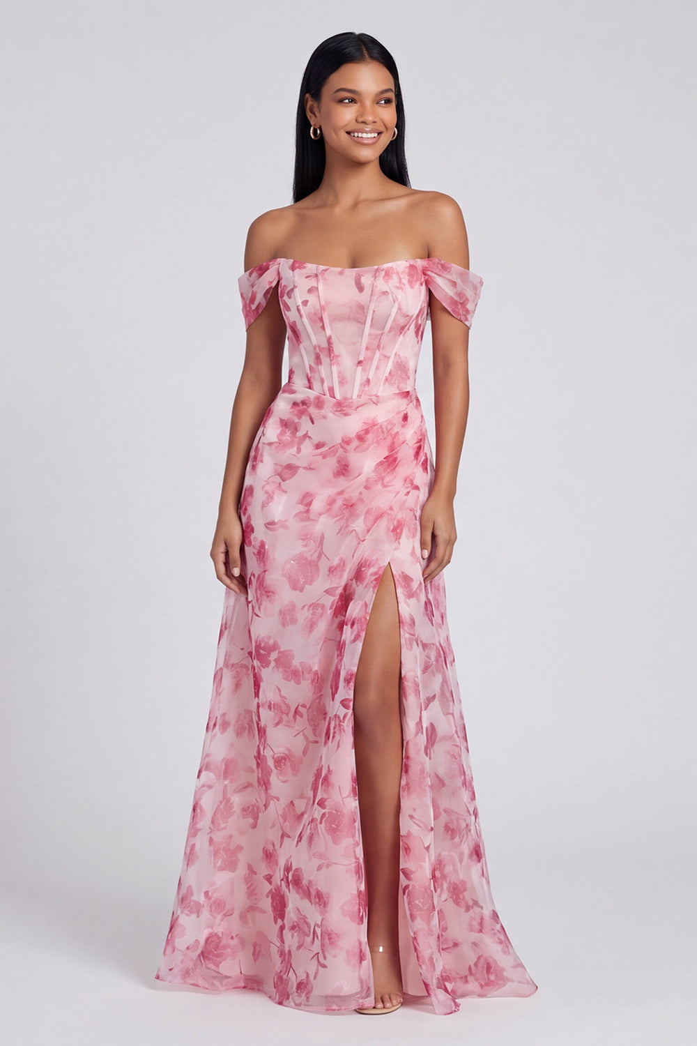 Light Blue Floral Ruched Corset Mermaid Long Formal Dress with Slit
