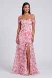 Light Blue Floral Ruched Corset Mermaid Long Formal Dress with Slit