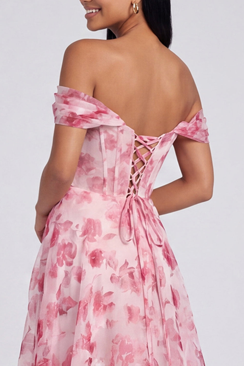 Light Blue Floral Ruched Corset Mermaid Long Formal Dress with Slit