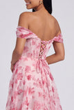 Light Blue Floral Ruched Corset Mermaid Long Formal Dress with Slit