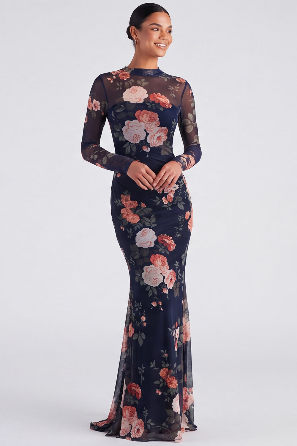 Ivory Bateau Neck Floral Mermaid Long Sleeves Formal Dress