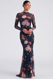 Ivory Bateau Neck Floral Mermaid Long Sleeves Formal Dress