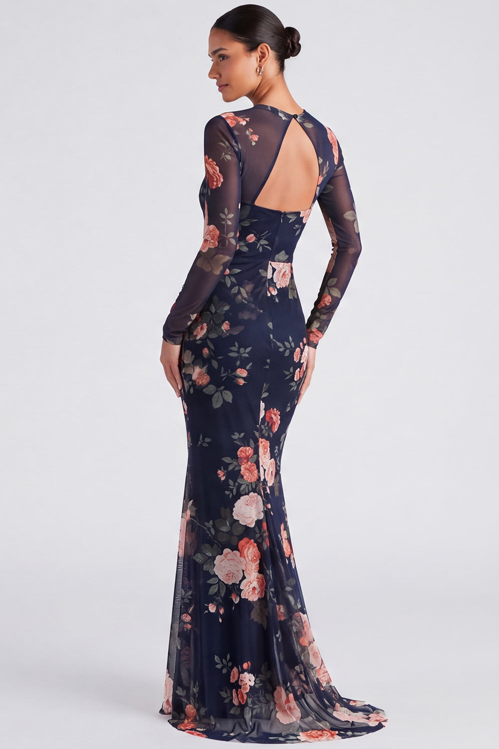 Ivory Bateau Neck Floral Mermaid Long Sleeves Formal Dress