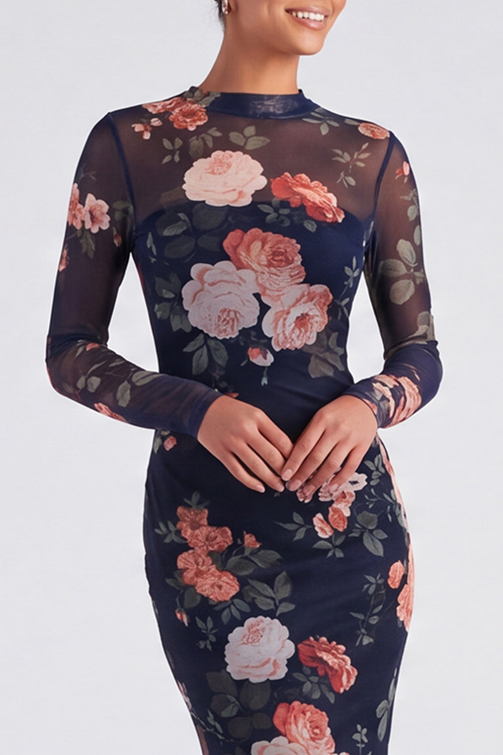 Ivory Bateau Neck Floral Mermaid Long Sleeves Formal Dress