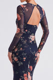 Ivory Bateau Neck Floral Mermaid Long Sleeves Formal Dress