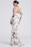Ivory Bateau Neck Floral Mermaid Long Sleeves Formal Dress