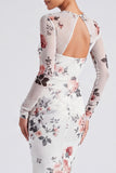 Ivory Bateau Neck Floral Mermaid Long Sleeves Formal Dress