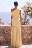 Butter Yellow One Shoulder Ruched Sheath Long Formal Dress