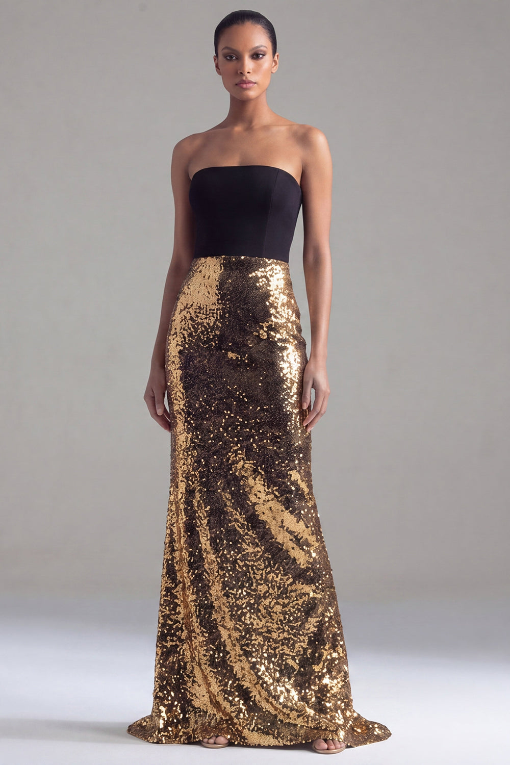 Sparkly Black and Gold Patchwork Sequins Strapless Mermaid Long Formal Dress
