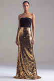 Sparkly Black and Gold Patchwork Sequins Strapless Mermaid Long Formal Dress