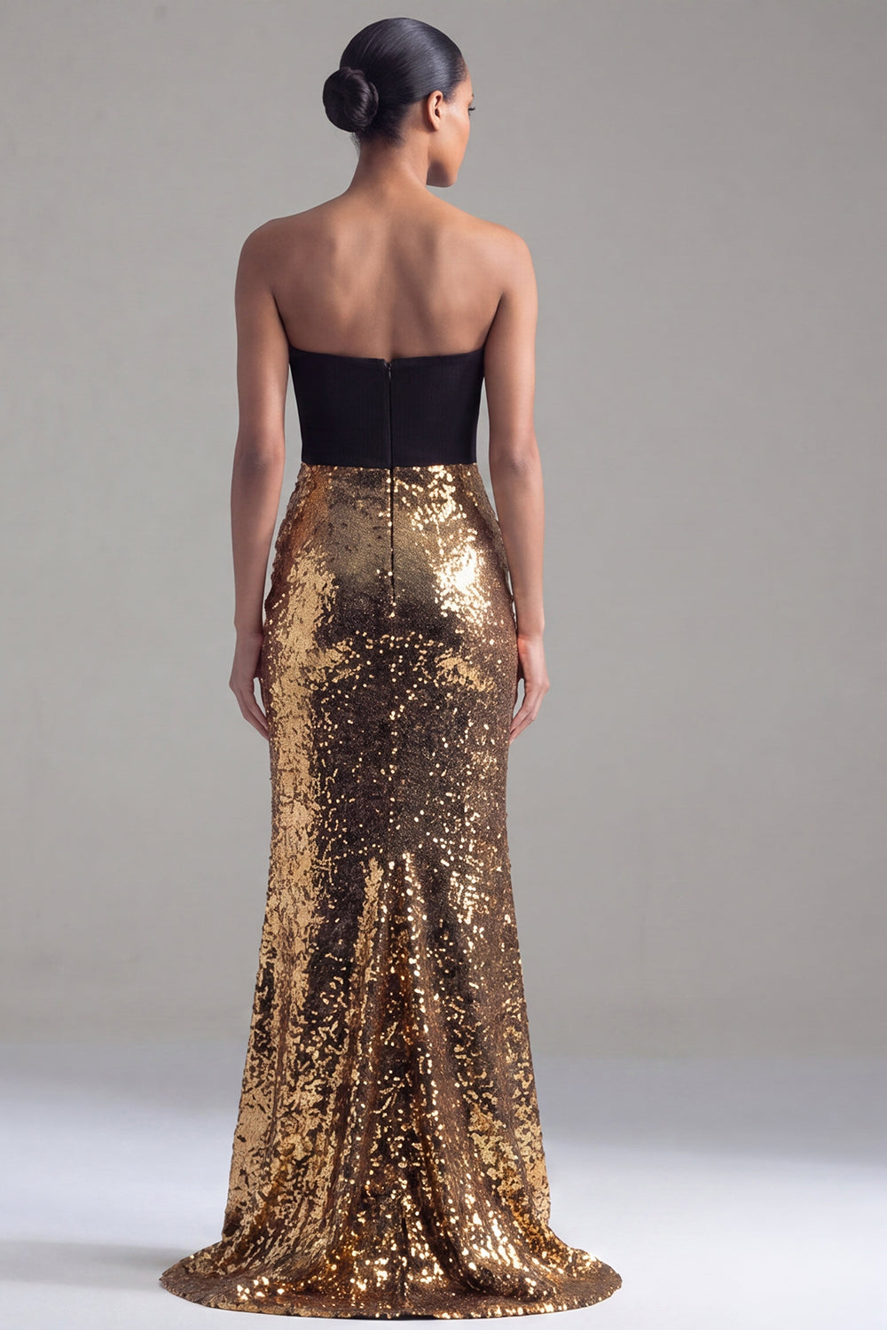 Sparkly Black and Gold Patchwork Sequins Strapless Mermaid Long Formal Dress