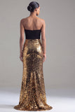 Sparkly Black and Gold Patchwork Sequins Strapless Mermaid Long Formal Dress