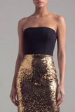 Sparkly Black and Gold Patchwork Sequins Strapless Mermaid Long Formal Dress