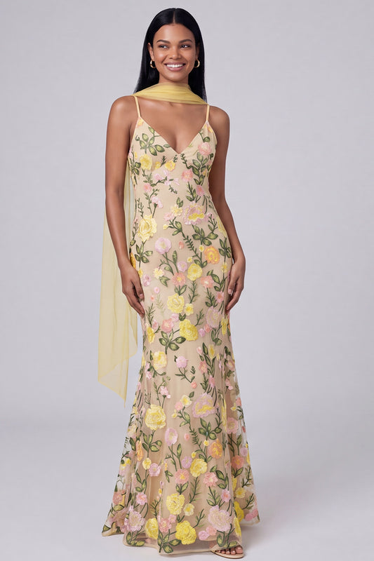 Butter Yellow Spaghetti Straps Floral Embroidered Mermaid Long Formal Dress