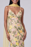 Butter Yellow Spaghetti Straps Floral Embroidered Mermaid Long Formal Dress