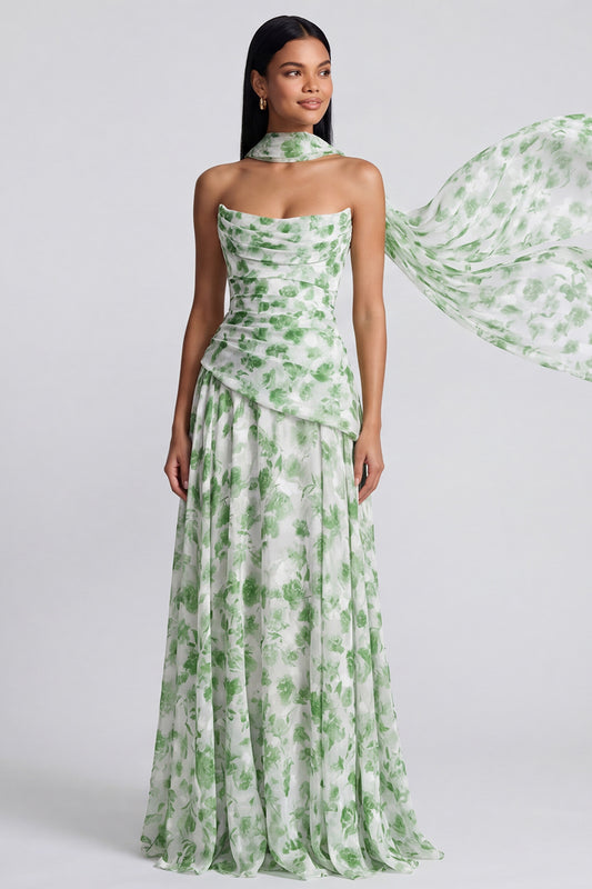 Light Green Strapless Floral Ruched A Line Long Formal Dress
