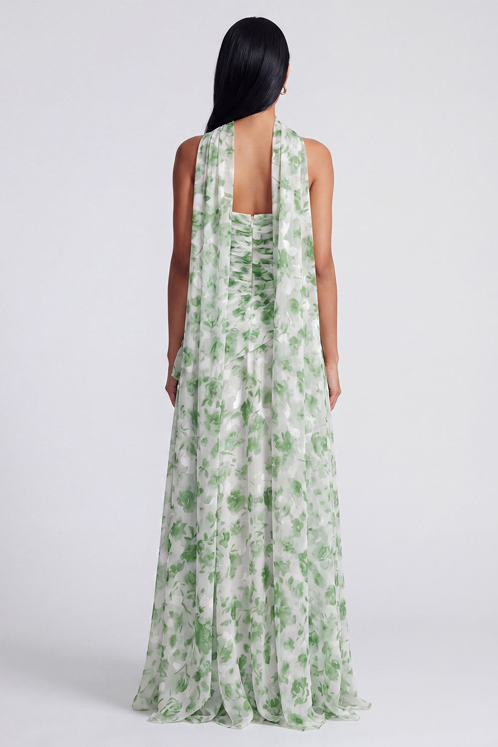 Light Green Strapless Floral Ruched A Line Long Formal Dress