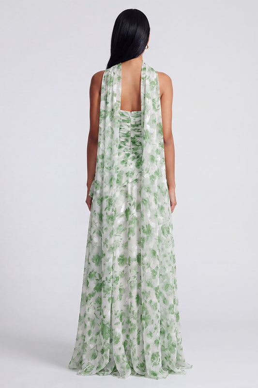 Light Green Strapless Floral Ruched A Line Long Formal Dress