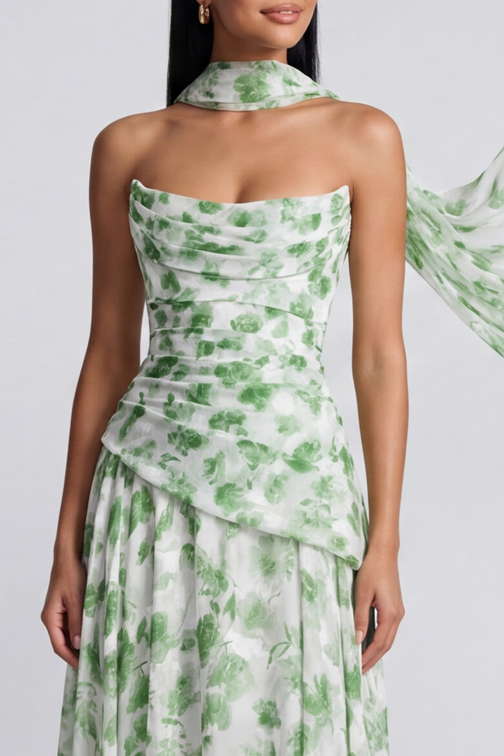 Light Green Strapless Floral Ruched A Line Long Formal Dress