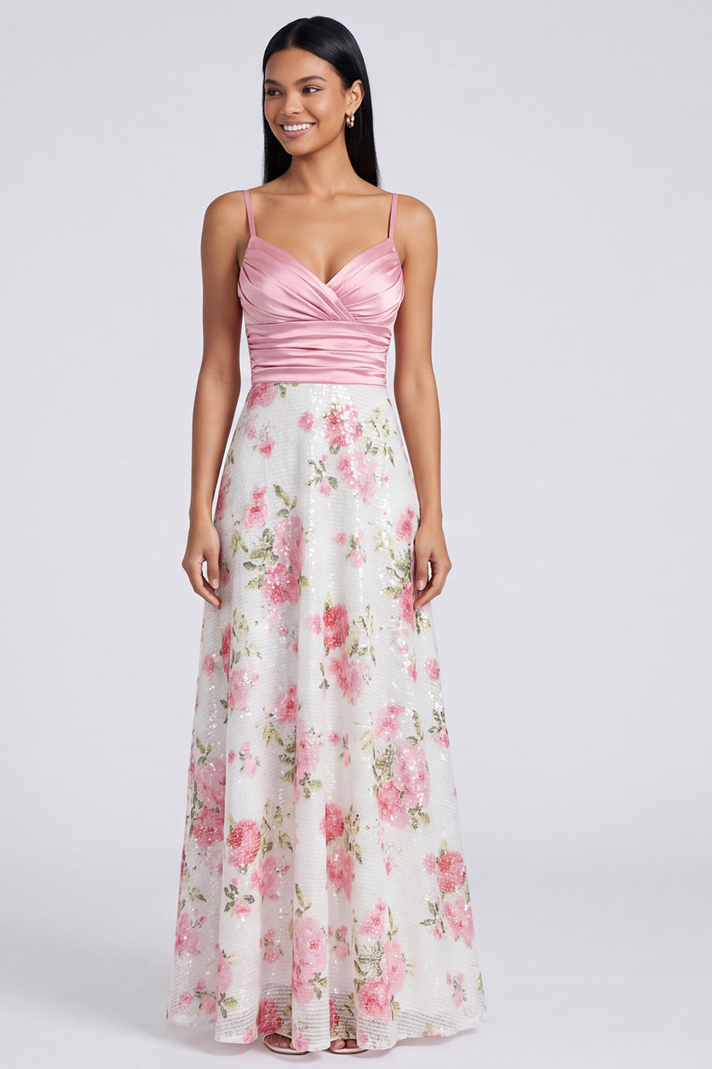 Light Pink Spaghetti Straps Sequins Floral Ruched A Line Long Formal Dress
