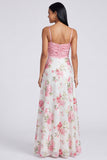 Light Pink Spaghetti Straps Sequins Floral Ruched A Line Long Formal Dress