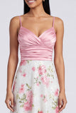 Light Pink Spaghetti Straps Sequins Floral Ruched A Line Long Formal Dress