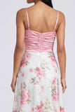 Light Pink Spaghetti Straps Sequins Floral Ruched A Line Long Formal Dress