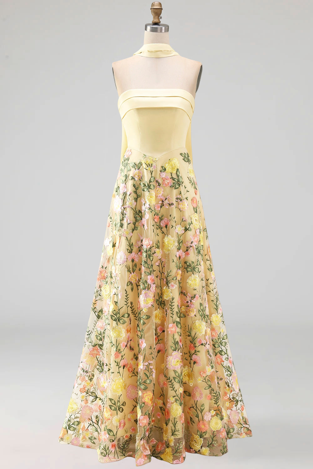 Butter Yellow Strapless A Line Floral Embroidered Long Formal Dress