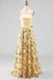 Butter Yellow Strapless A Line Floral Embroidered Long Formal Dress