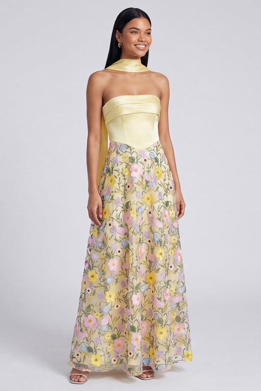 Butter Yellow Strapless A Line Floral Embroidered Long Formal Dress