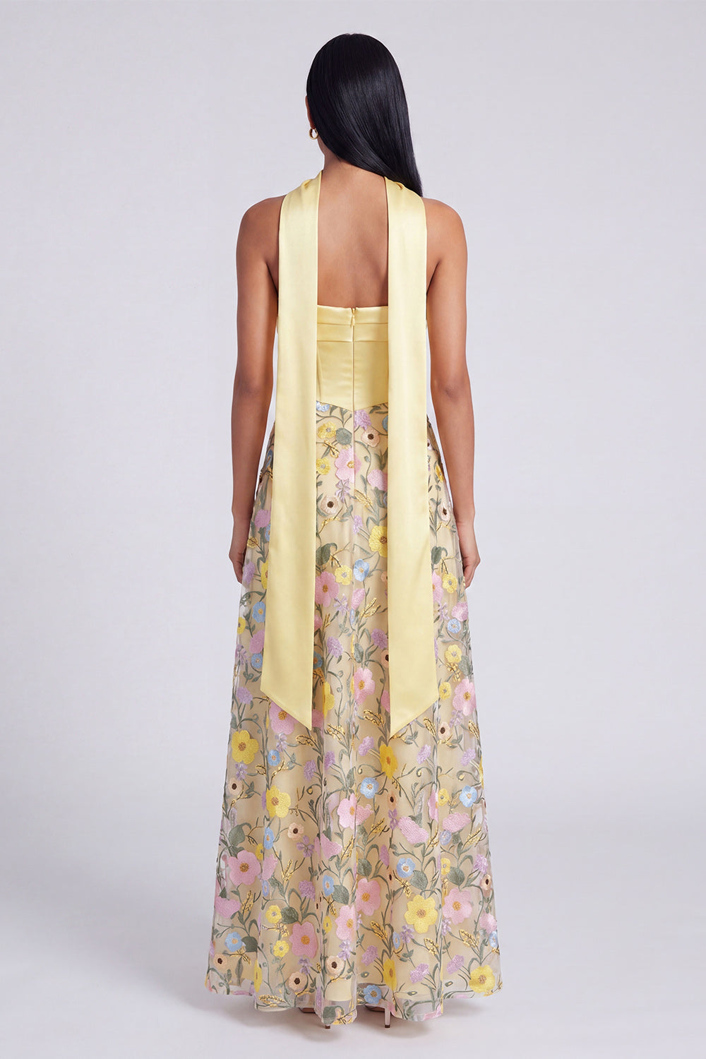 Butter Yellow Strapless A Line Floral Embroidered Long Formal Dress