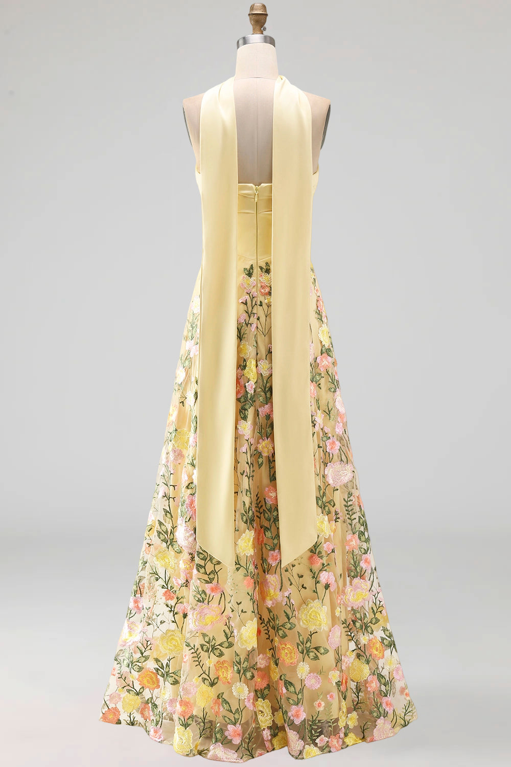 Butter Yellow Strapless A Line Floral Embroidered Long Formal Dress