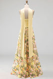 Butter Yellow Strapless A Line Floral Embroidered Long Formal Dress