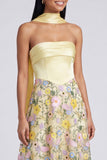 Butter Yellow Strapless A Line Floral Embroidered Long Formal Dress