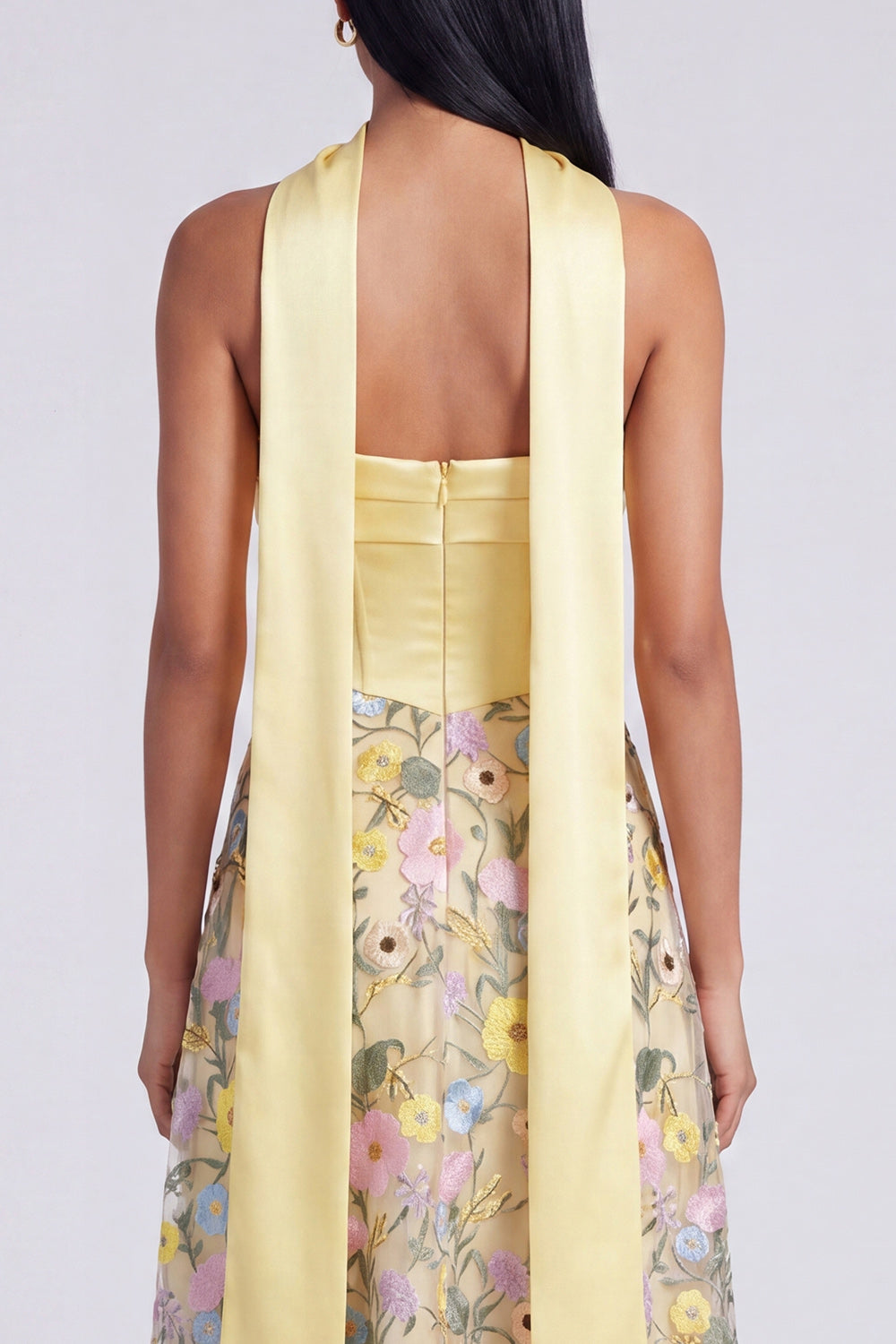 Butter Yellow Strapless A Line Floral Embroidered Long Formal Dress