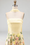 Butter Yellow Strapless A Line Floral Embroidered Long Formal Dress