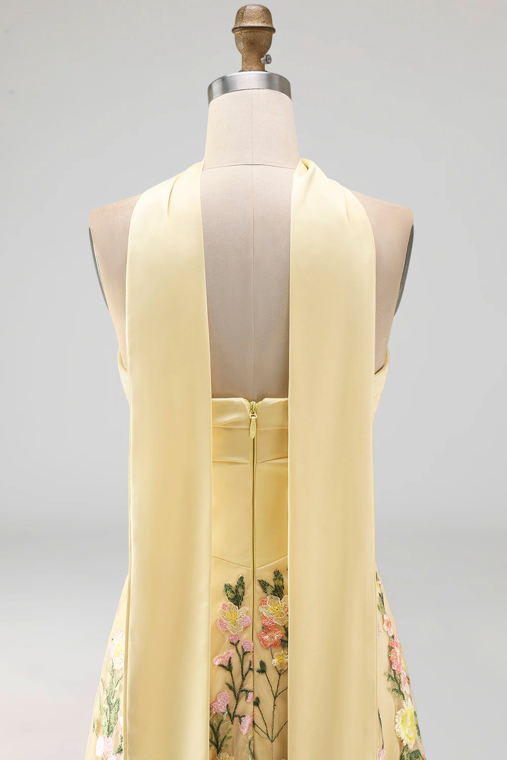 Butter Yellow Strapless A Line Floral Embroidered Long Formal Dress