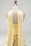 Butter Yellow Strapless A Line Floral Embroidered Long Formal Dress