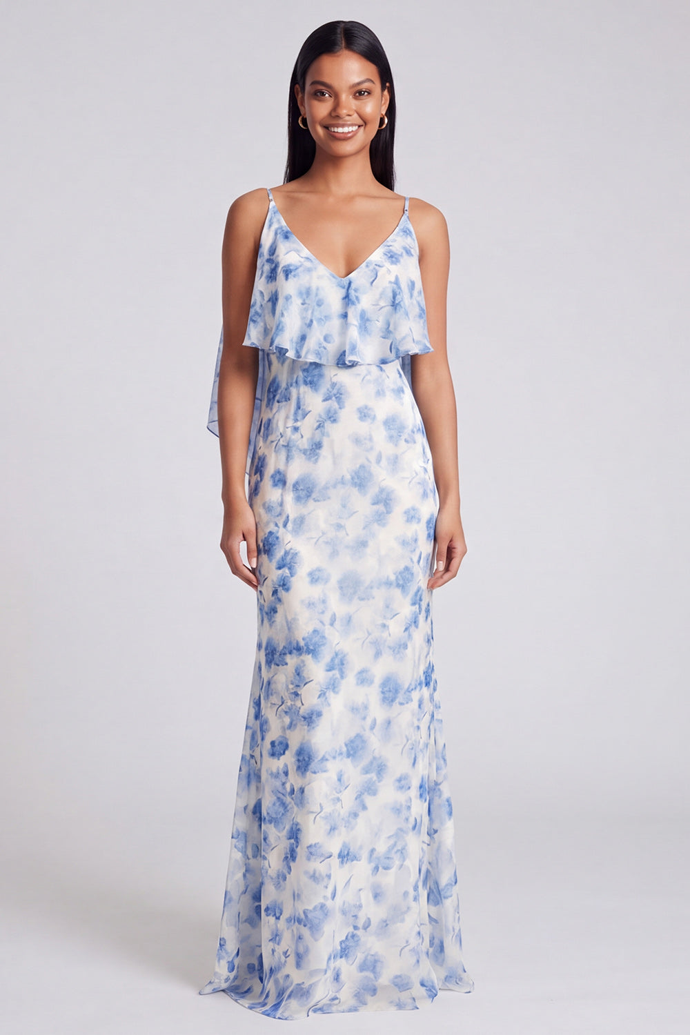 Light Green Floral V-Neck Mermaid Long Formal Dress with Ruffles