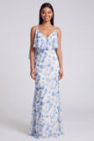 Light Green Floral V-Neck Mermaid Long Formal Dress with Ruffles