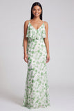 Light Green Floral V-Neck Mermaid Long Formal Dress with Ruffles