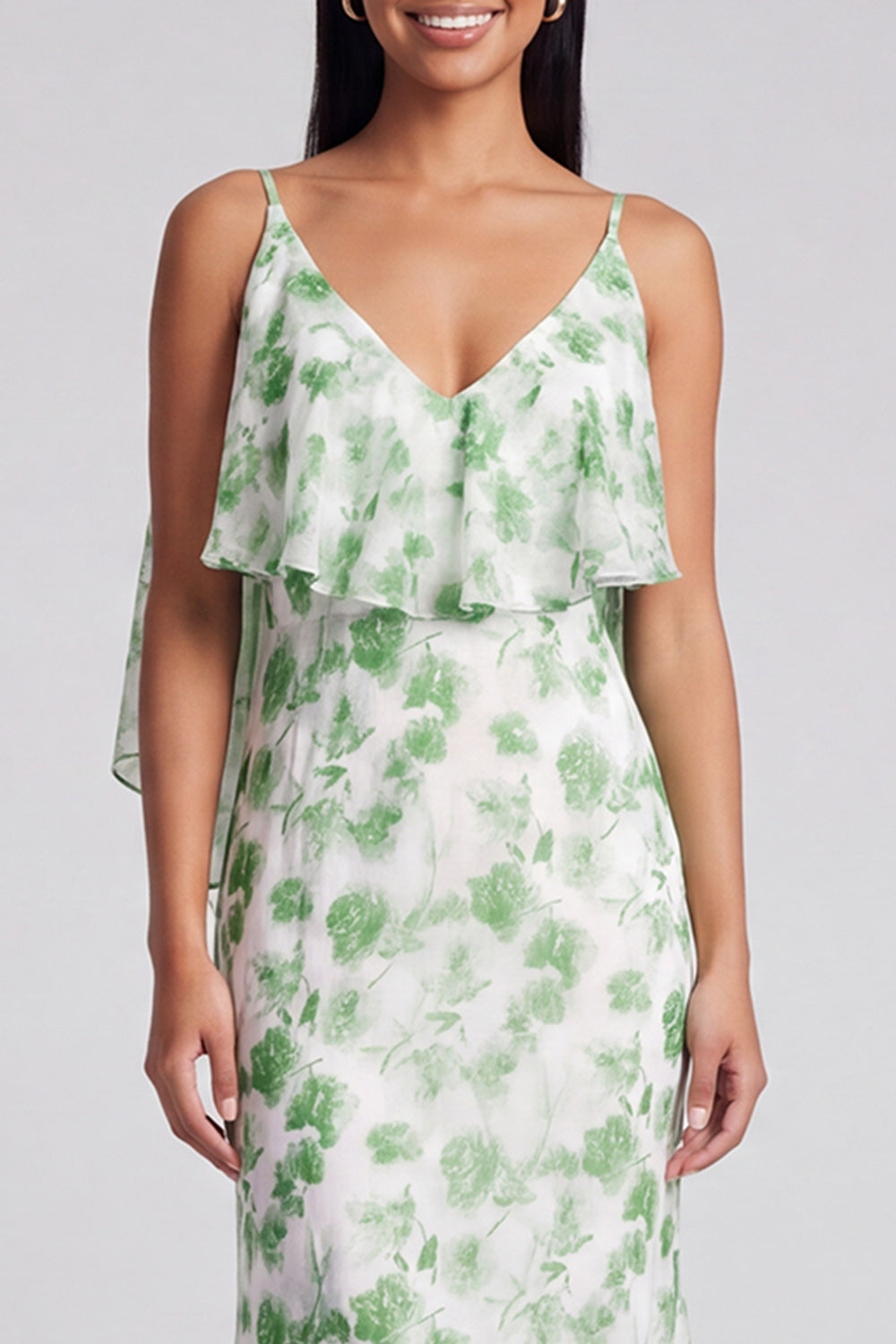 Light Green Floral V-Neck Mermaid Long Formal Dress with Ruffles