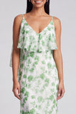 Light Green Floral V-Neck Mermaid Long Formal Dress with Ruffles