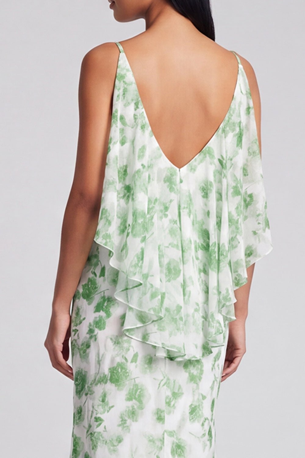 Light Green Floral V-Neck Mermaid Long Formal Dress with Ruffles