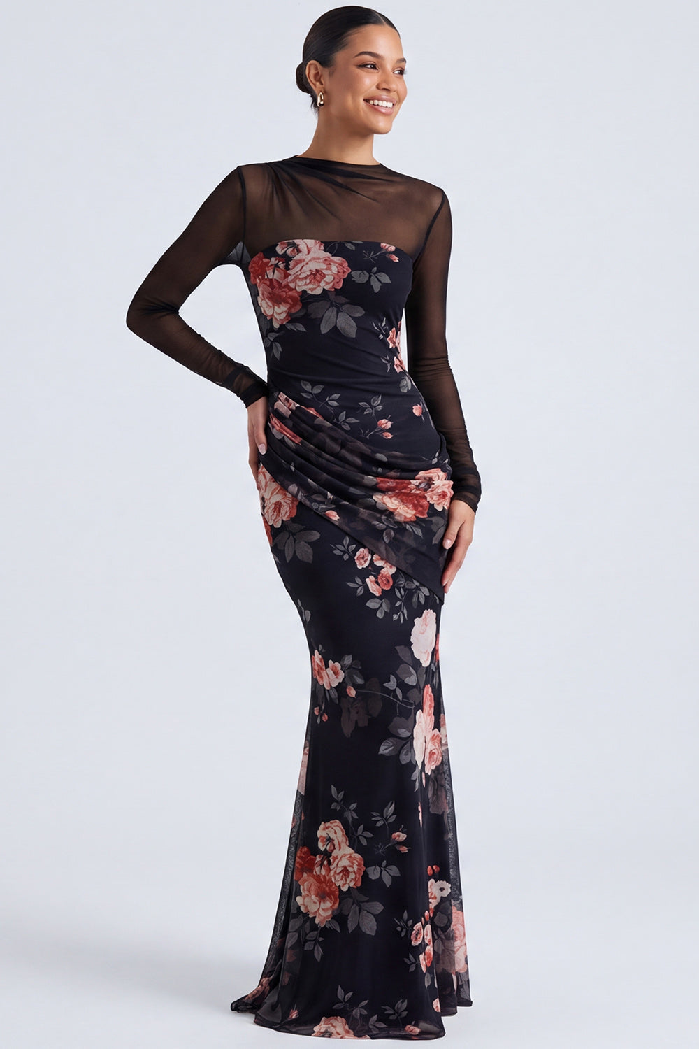 Black Round Neck Floral Ruched Mermaid Long Sleeves Formal Dress