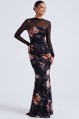 Black Round Neck Floral Ruched Mermaid Long Sleeves Formal Dress
