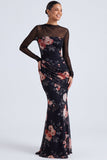 Black Round Neck Floral Ruched Mermaid Long Sleeves Formal Dress