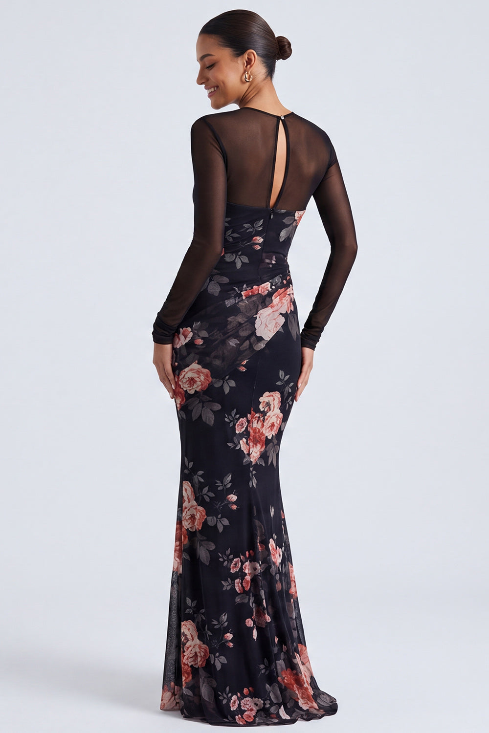 Black Round Neck Floral Ruched Mermaid Long Sleeves Formal Dress
