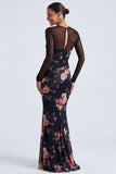 Black Round Neck Floral Ruched Mermaid Long Sleeves Formal Dress
