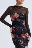 Black Round Neck Floral Ruched Mermaid Long Sleeves Formal Dress